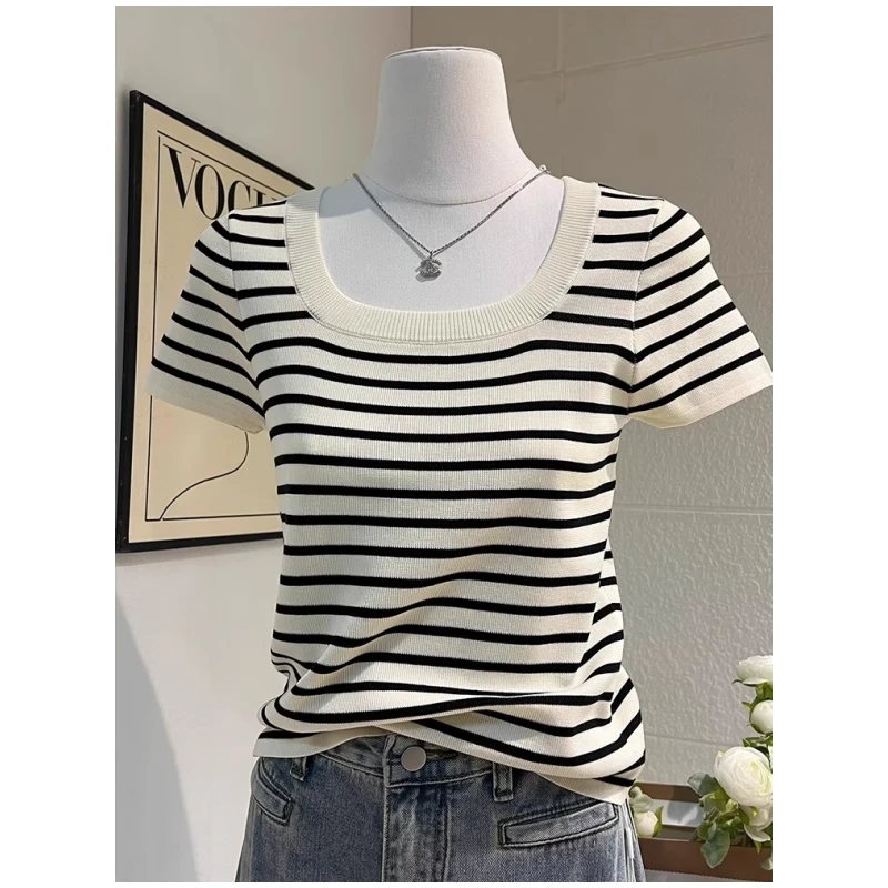 法式方领条纹冰丝短袖t恤针织女夏季时尚修身小个子显瘦短款上衣