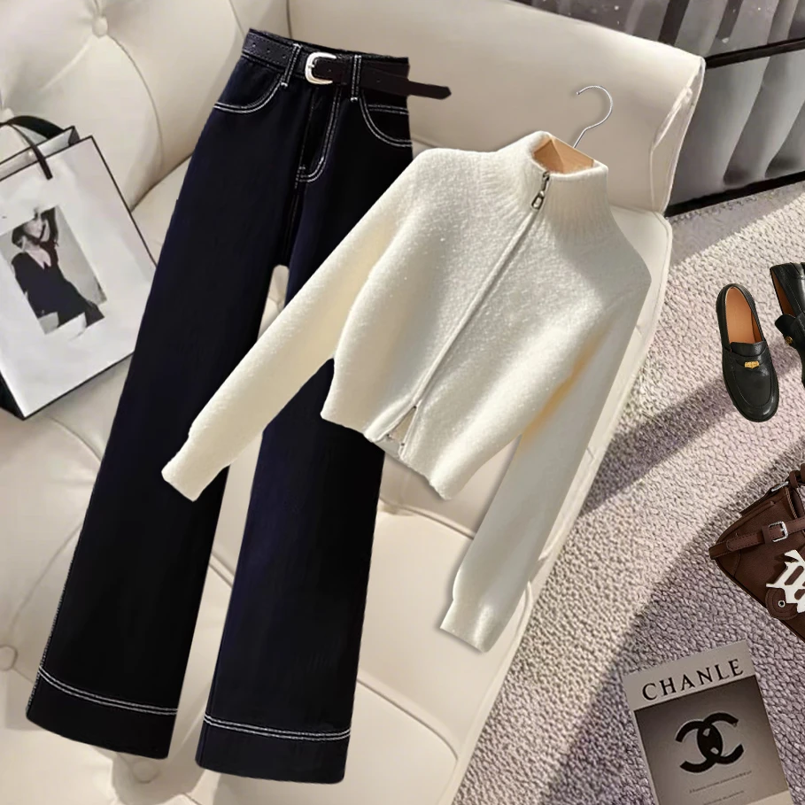 2025穿搭一整套洋气套装时尚女装慵懒针织毛衣百搭直筒裤女两件套