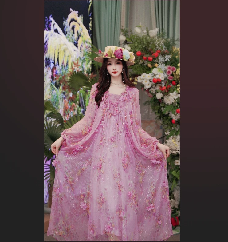 25新款法式设计师夏桑蚕丝气质宽松时尚长款女装连衣裙251D527