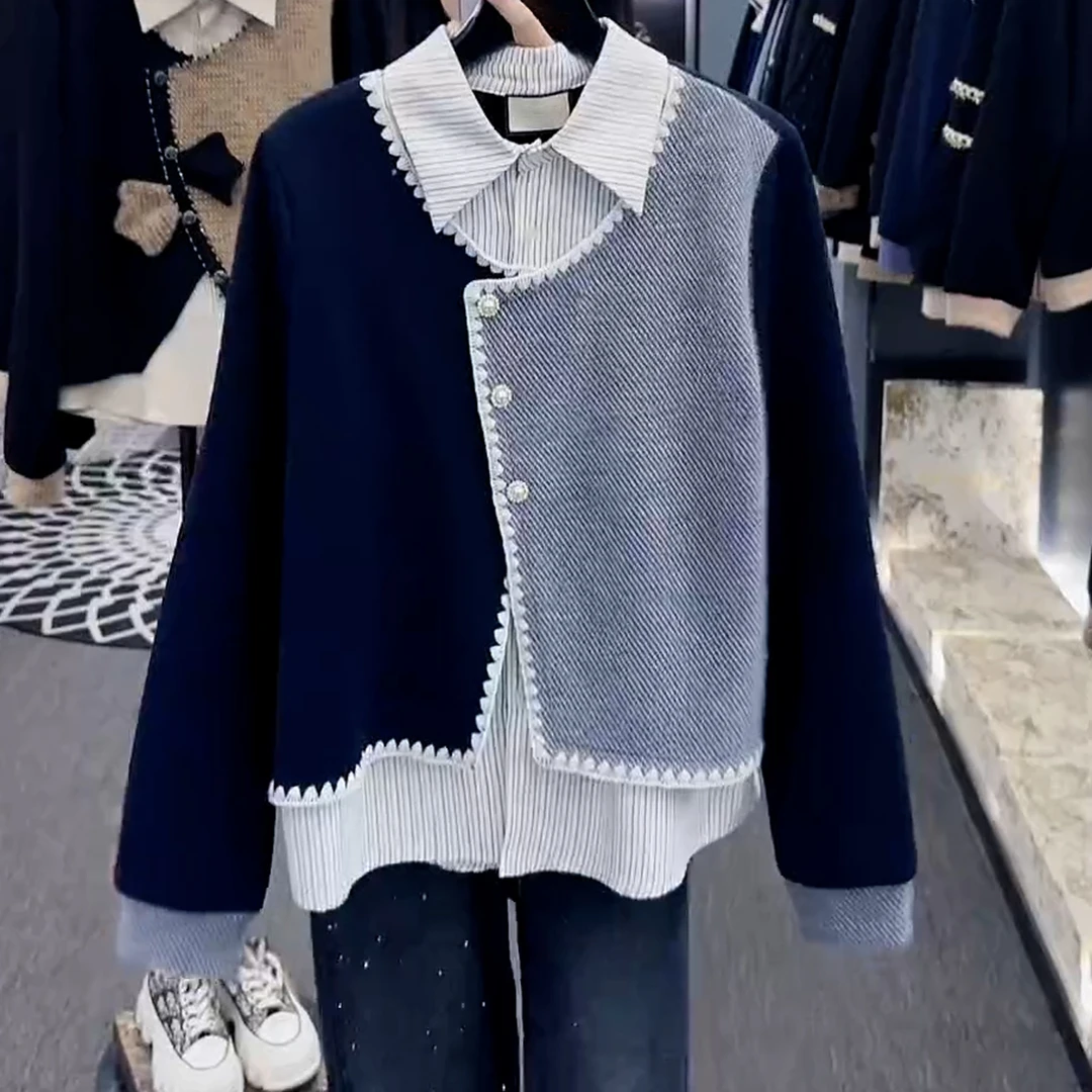 设计感假两件拼接翻领卫衣女2025秋冬新款小众不撞款加绒保暖上衣