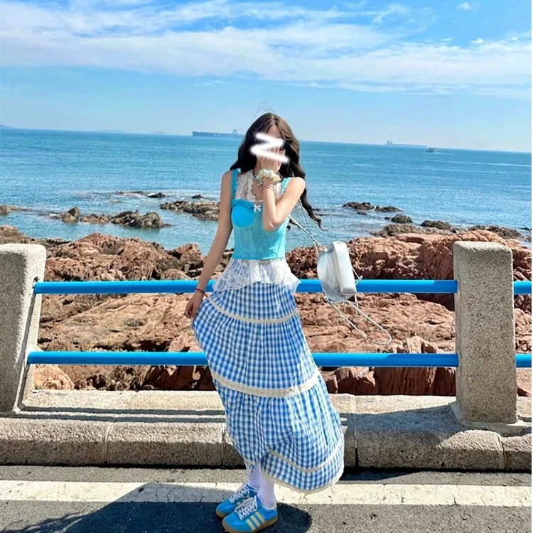 【青苍现货】设计感小众气质新款半身裙蓝色高腰格纹半身裙