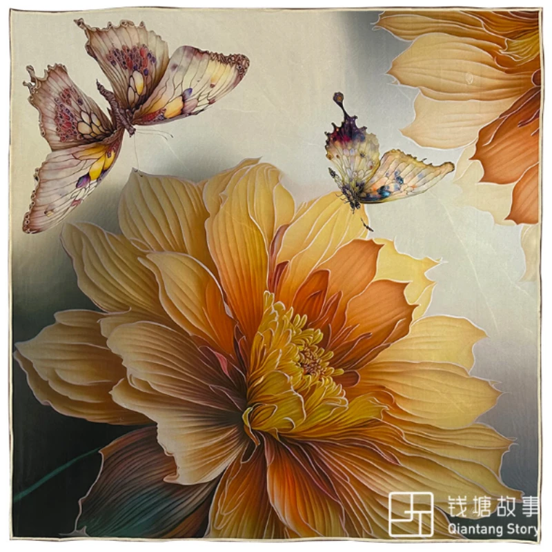 钱塘故事 真丝双绉-110cm晓梦迷蝶  105*105cm丝巾围巾