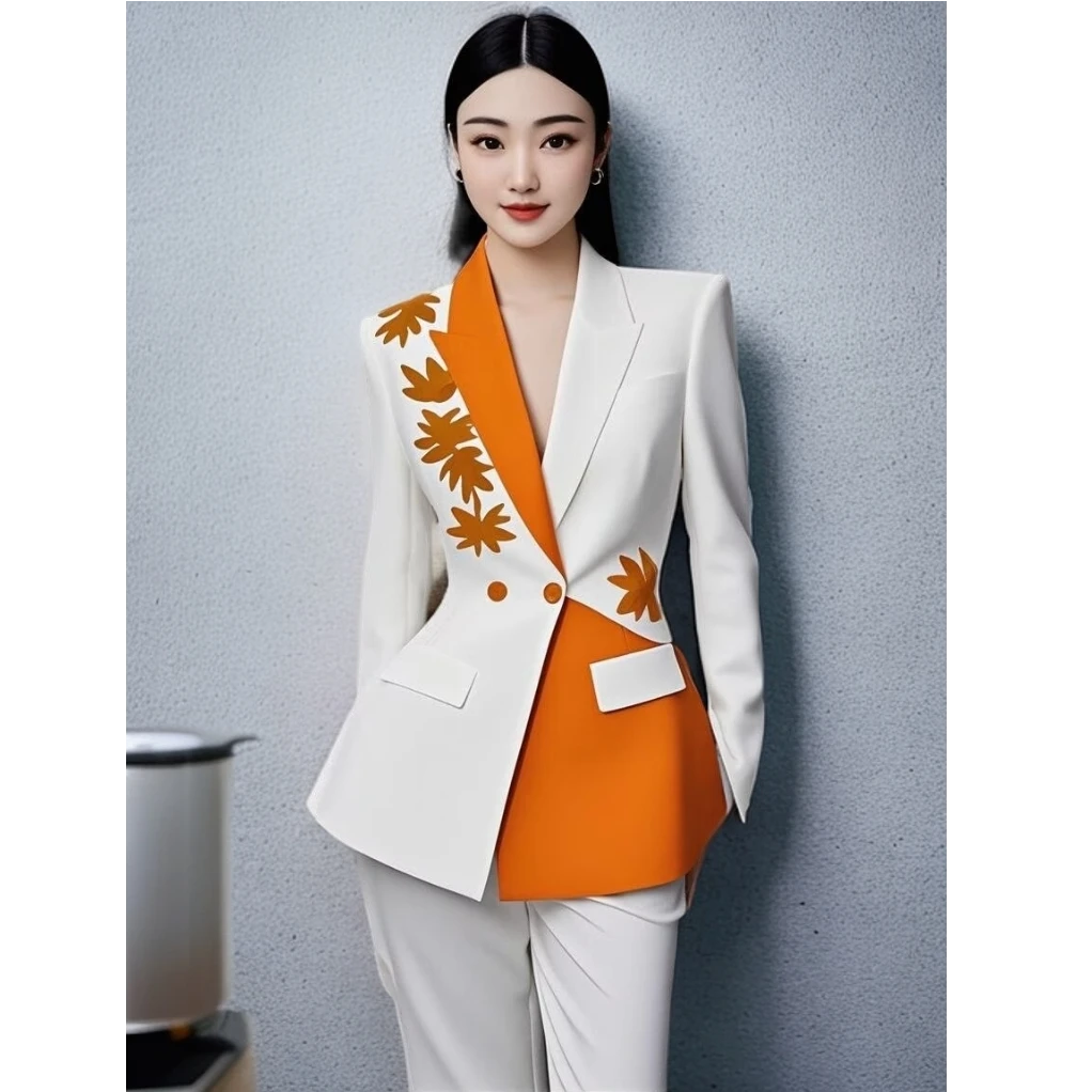 25850-2枫叶刺绣长袖套装秋季时尚修身女士设计师气质款轻奢显瘦