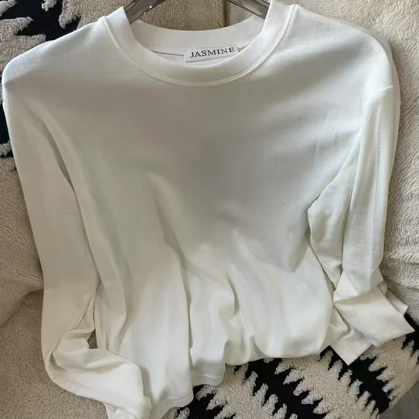 4ever.韩系2025新款内搭时尚百搭休闲短款长袖简约纯色圆领套头