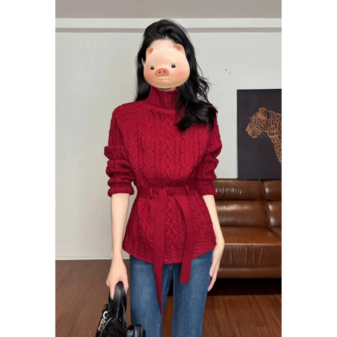 圣诞节穿搭红色高领套头麻花毛衣女秋冬慵懒风收腰绑带针织衫上衣