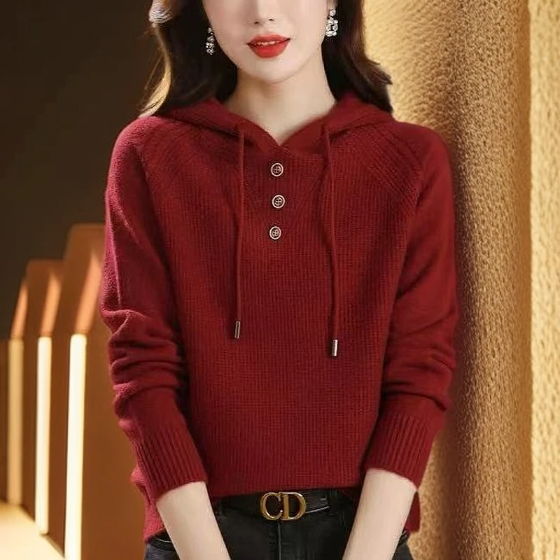 秋冬新款扣子连帽针织衫时尚洋气宽松百搭纯色韩版休闲简约慵懒风