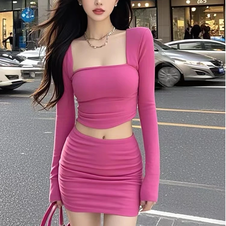 秋季韩系穿搭套装女纯欲辣妹风方领长袖打底衫高腰半身短裙两件套