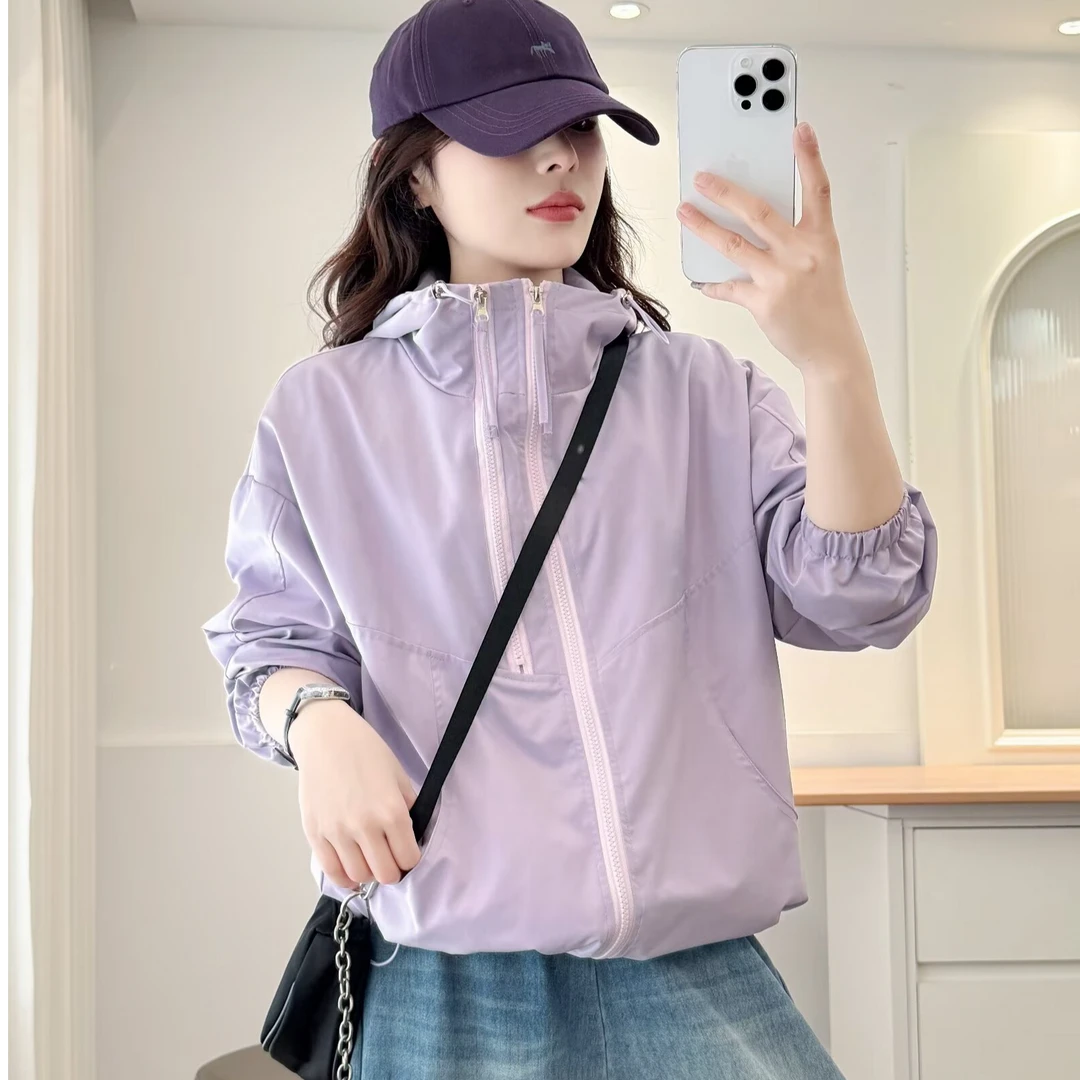 大码春夏新款拉链女休闲连帽短外套宽松防风女士冲锋衣2511