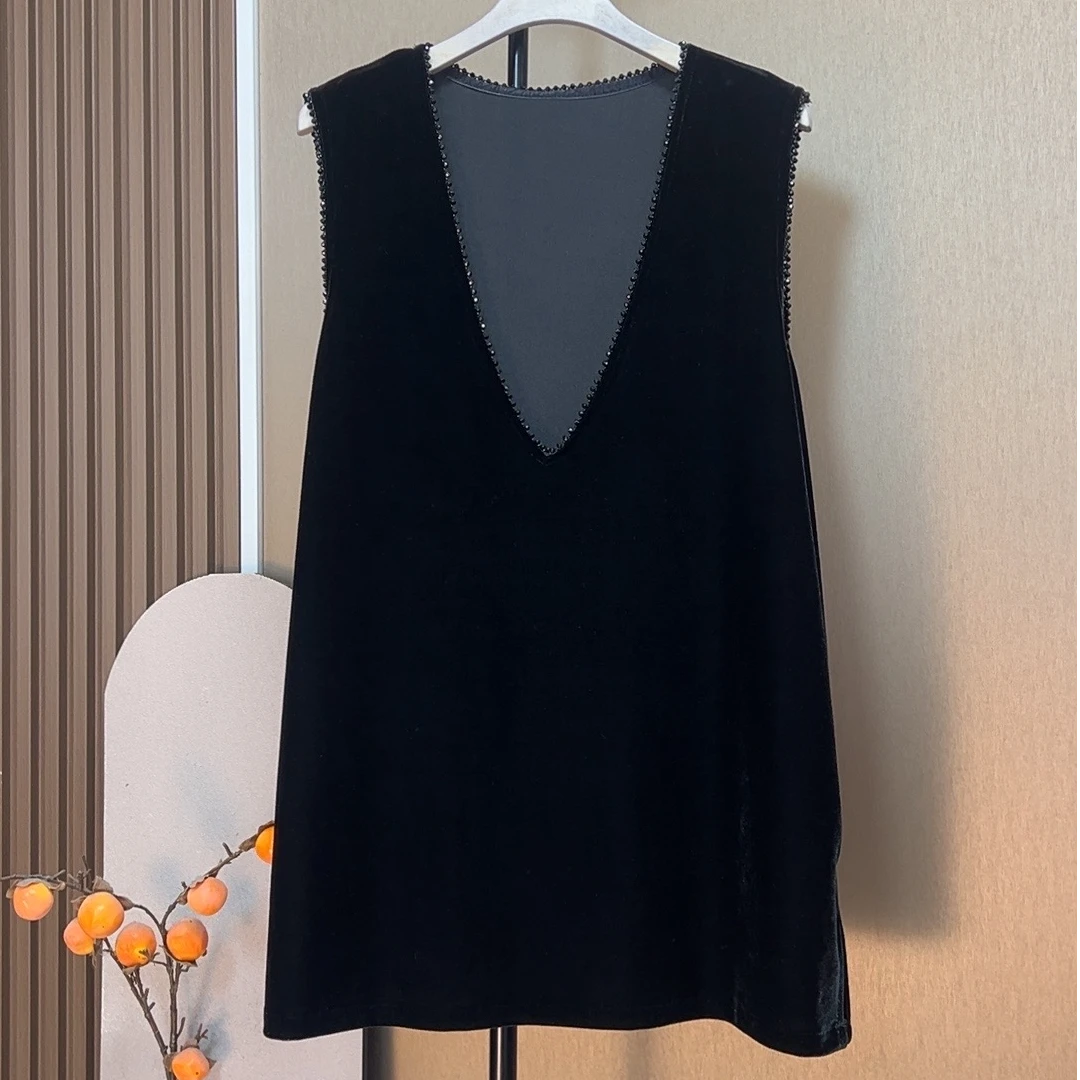 【家美】手工串珠显瘦舒适宽松无袖百搭中长款女士丝绒马夹【530】