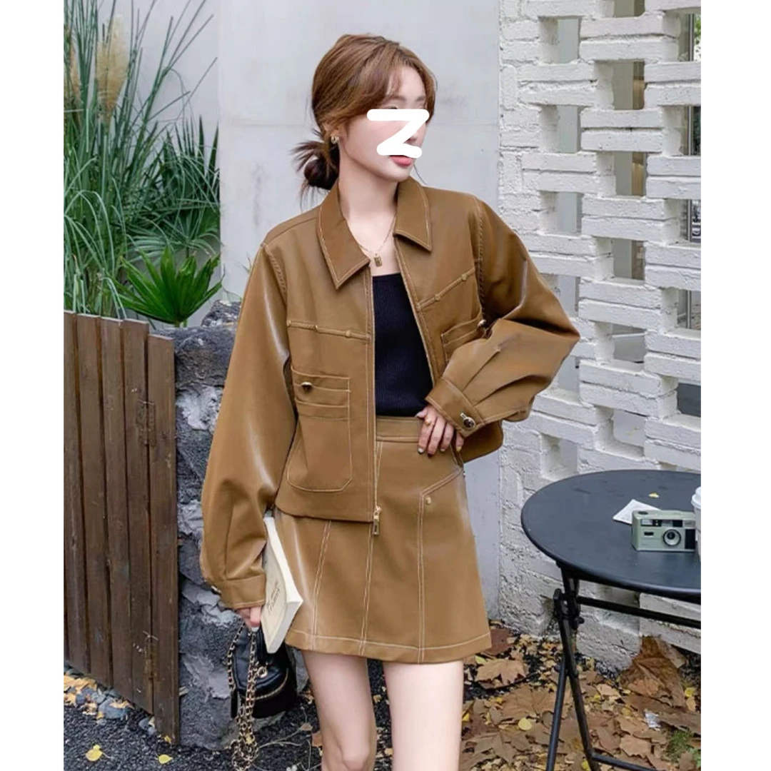 咖色美式复古减龄套装裙女2025秋季新款时尚皮夹克半身短裙两件套