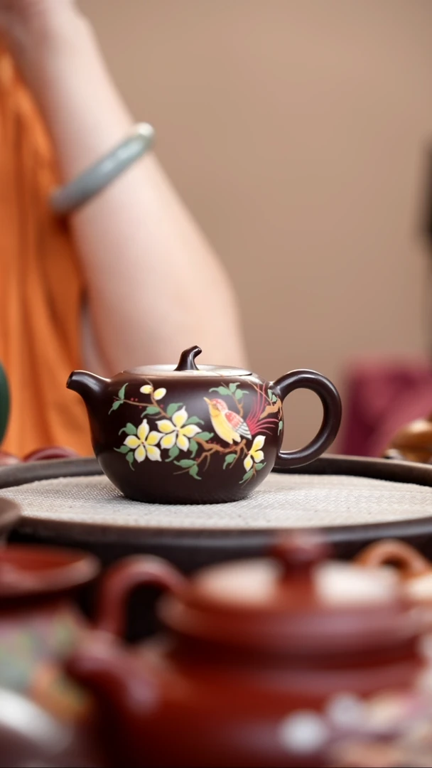 茶壶紫砂紫泥苹果壶泥绘花鸟