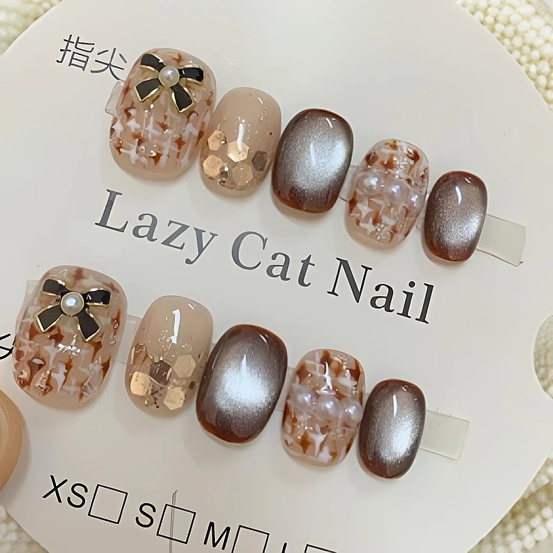 【香奶奶】纯手工小香风蝴蝶结可重复穿戴猫眼秋冬显白百搭款美甲