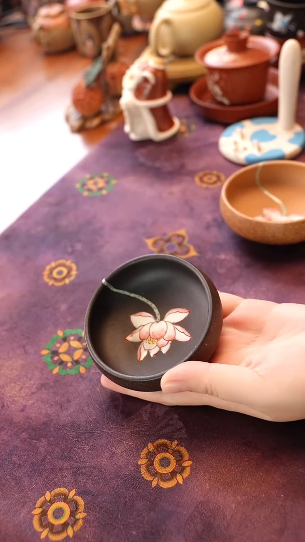 茶壶紫砂黑色 珐琅 荷花 普洱杯