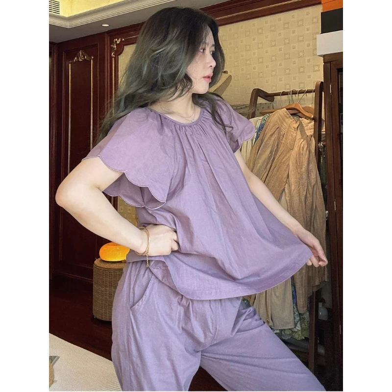简约纯色香芋紫棉纱睡衣女2025春夏新款短袖长裤可外穿家居服套装