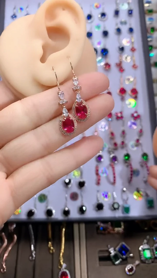 【闪购商品】红宝石耳饰银S925镶嵌玫瑰金