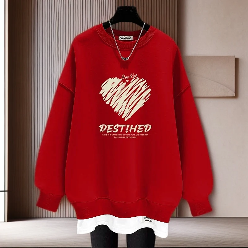 搭配芭比裤大爱心红色假两件卫衣女2025新款春秋冬季加绒加厚上衣