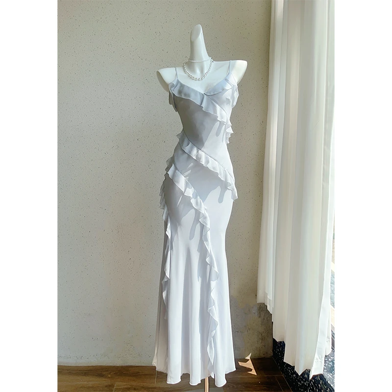 Good Job【碧波】法式清蓝荷叶边吊带连衣裙长款度假气质鱼尾裙