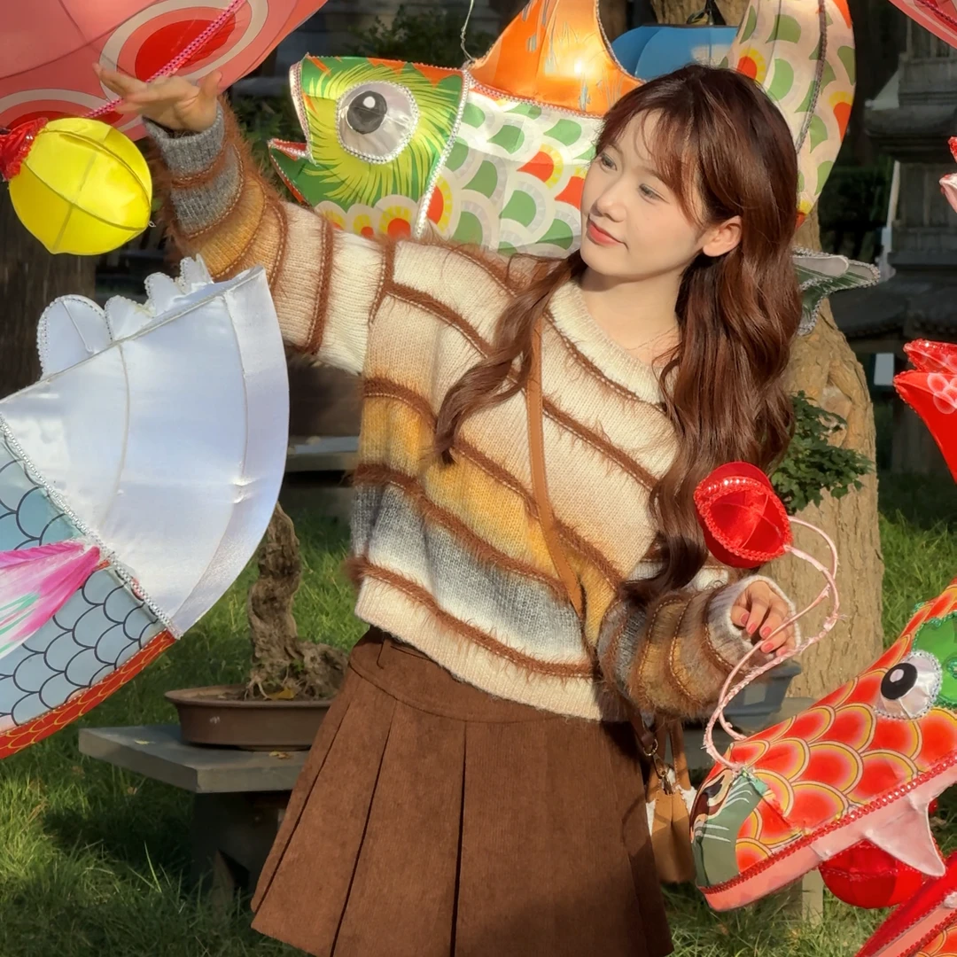 【三件套】2025秋冬新款圆领套头渐变撞色慵懒风流苏长袖毛衣