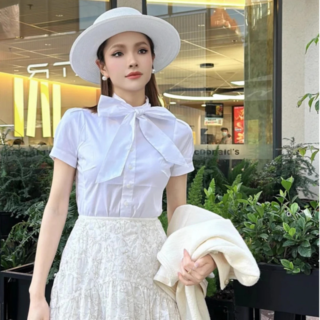 【专柜品质】夏季新款百搭时尚气质蝴蝶结飘带显瘦短袖衬衫530024