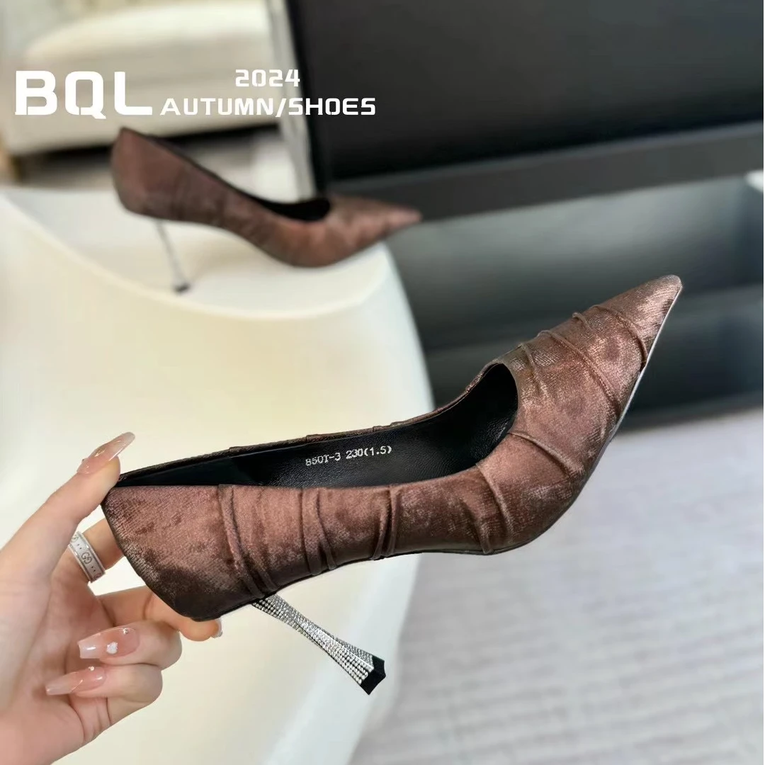 【BQL轻奢女鞋】秋季新款法式气质女人真皮水钻细跟尖头浅口高跟鞋