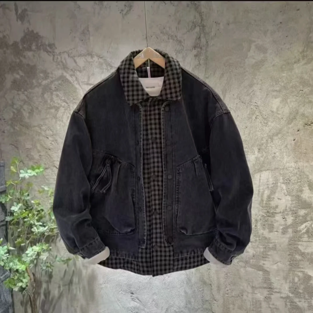 2025爆款秋季男牛仔假两件夹克外套翻领高级休闲百搭时尚潮流上衣