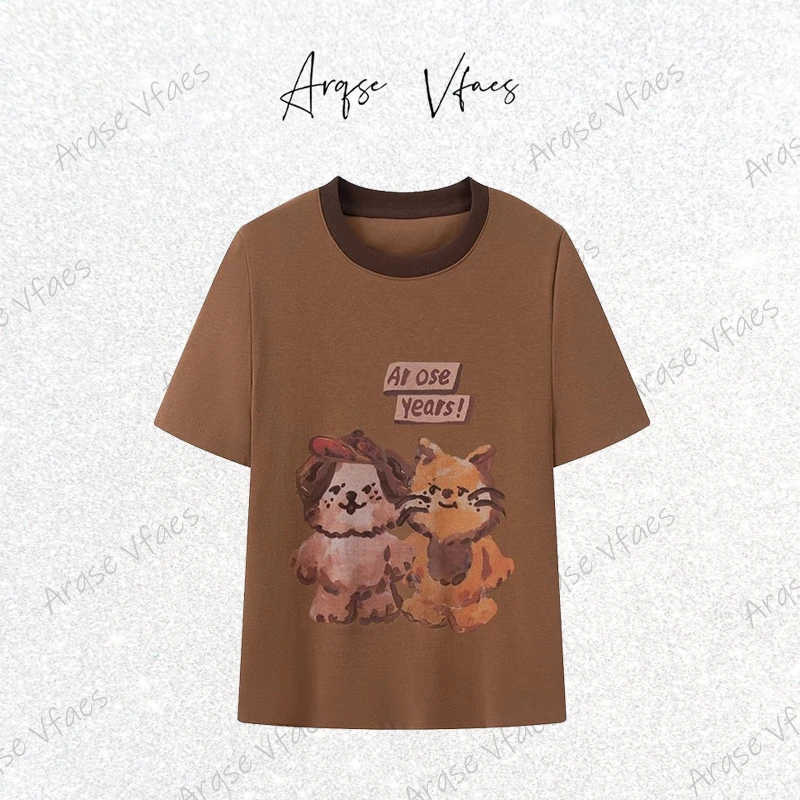 艾家夏季新款轻奢时尚棕色宽松短袖圆领卡通印花T恤女-50526125