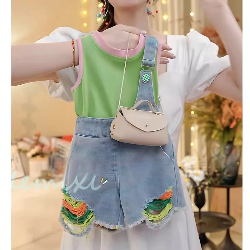 女童渐变单肩背带裤套装2025夏季无袖背心水洗软牛仔连体短裤破洞