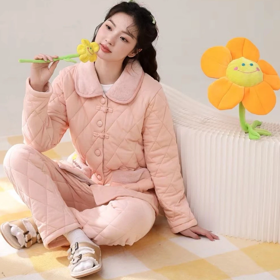 自然美丝绵夹棉睡衣女舒适甜美长袖秋冬款家居服（穿到0度）