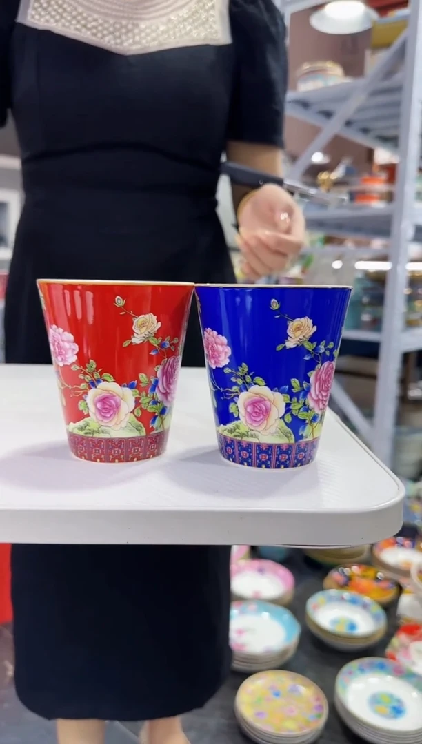 珐琅 牡丹花卉杯子2只装景德镇陶瓷