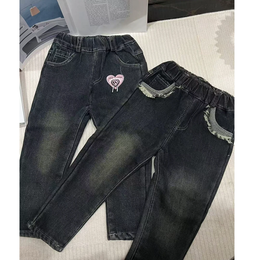 女童2024冬季加绒加厚一体绒长裤牛仔裤时尚洋气