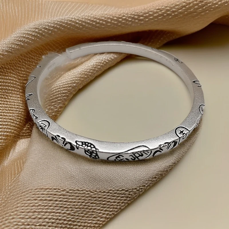 足银手镯 黑色复古四方吉言做旧国潮个性吉言纳福招财猫锦鲤手镯