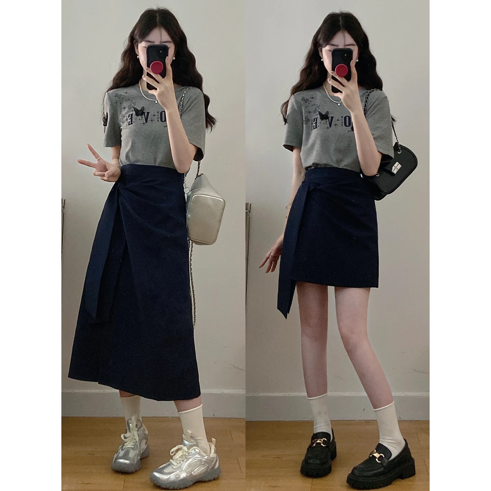 大码女装胖mm立体印花蝴蝶纯色T恤+不规则半身裙显瘦夏季高腰半身