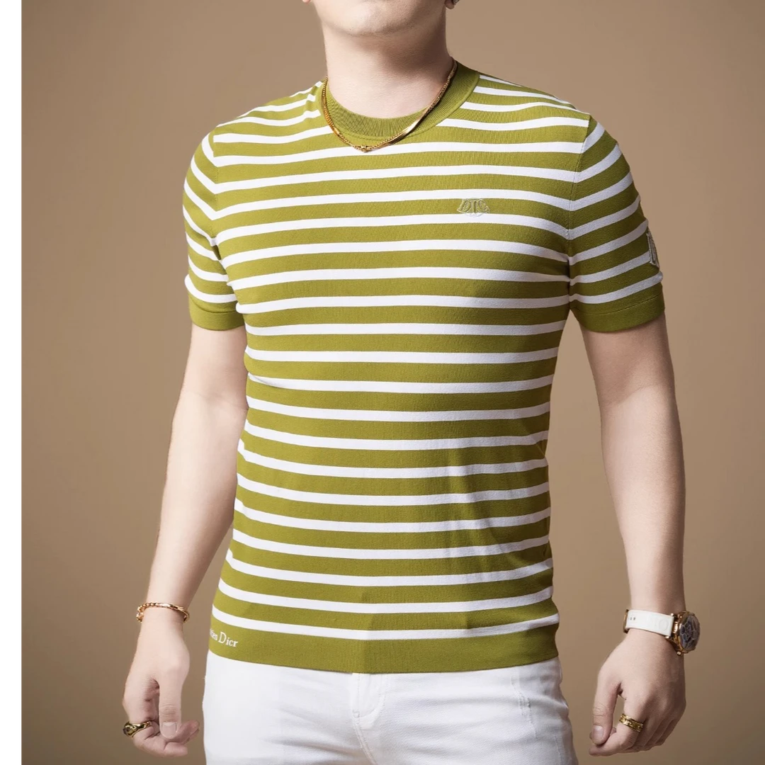 2025欧货轻奢男士针织冰丝短袖T恤印花条纹时尚百搭夏季半袖上衣