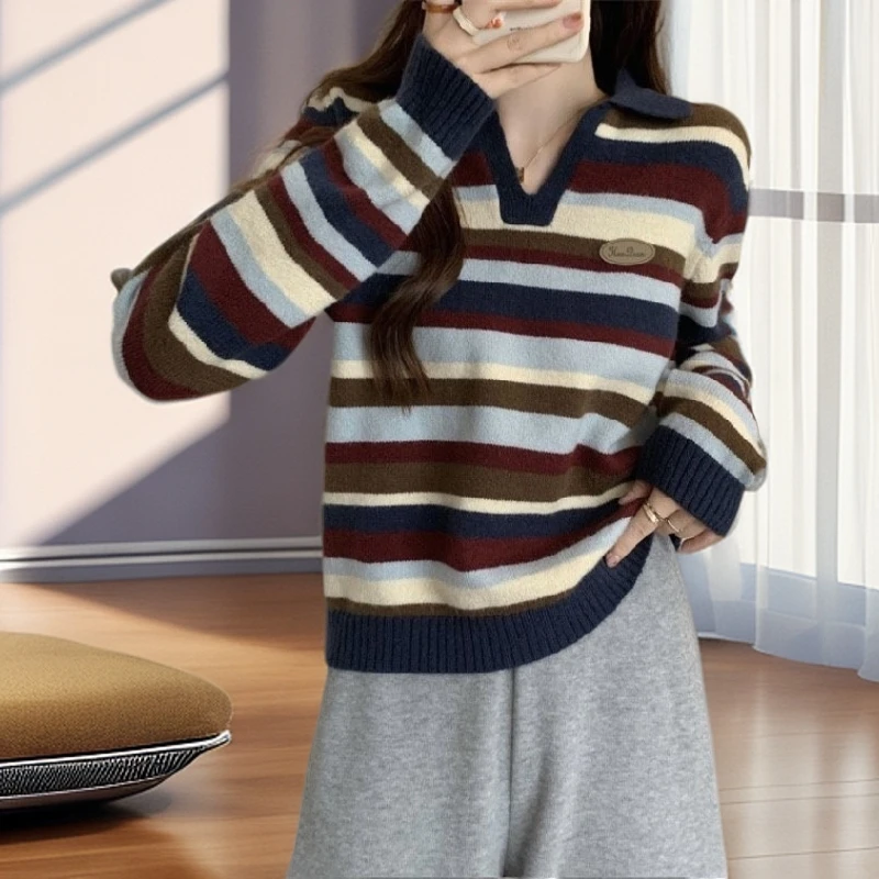 【雅岚女装】条纹复古针织衫慵懒风穿搭毛衣秋冬百搭休闲POLO领上衣