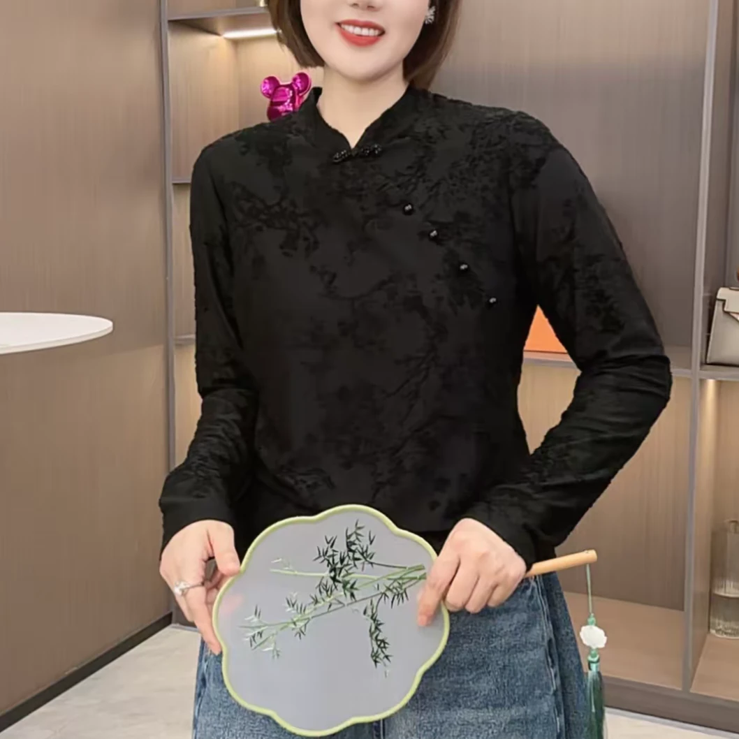 秋季新款时尚提花新中式盘扣长袖T恤衫立领宽松百搭休闲气质上衣