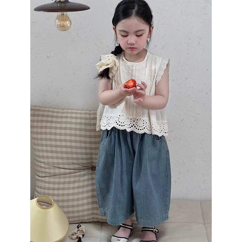 女童花边背心套装夏装新款韩版洋气儿童娃娃衫宽松牛仔裤两件套