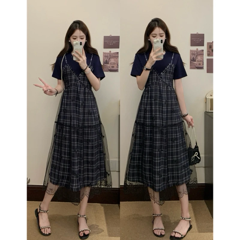 大码夏季新款胖MM设计感高级时尚拼接假两件重工显瘦气质连衣裙