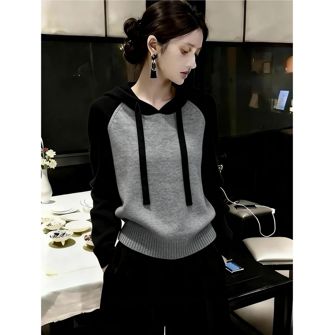 2025秋冬季新款休闲慵懒风高级感显瘦撞色小众长袖连帽毛衣针织衫