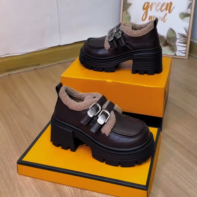 松糕厚底乐福鞋女冬季2025新款双扣带保暖棉鞋增高加绒加厚小皮鞋