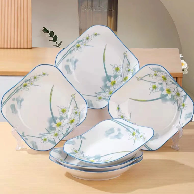 M【6只装】水仙花8英寸如意四方盘釉下彩陶瓷家用方形