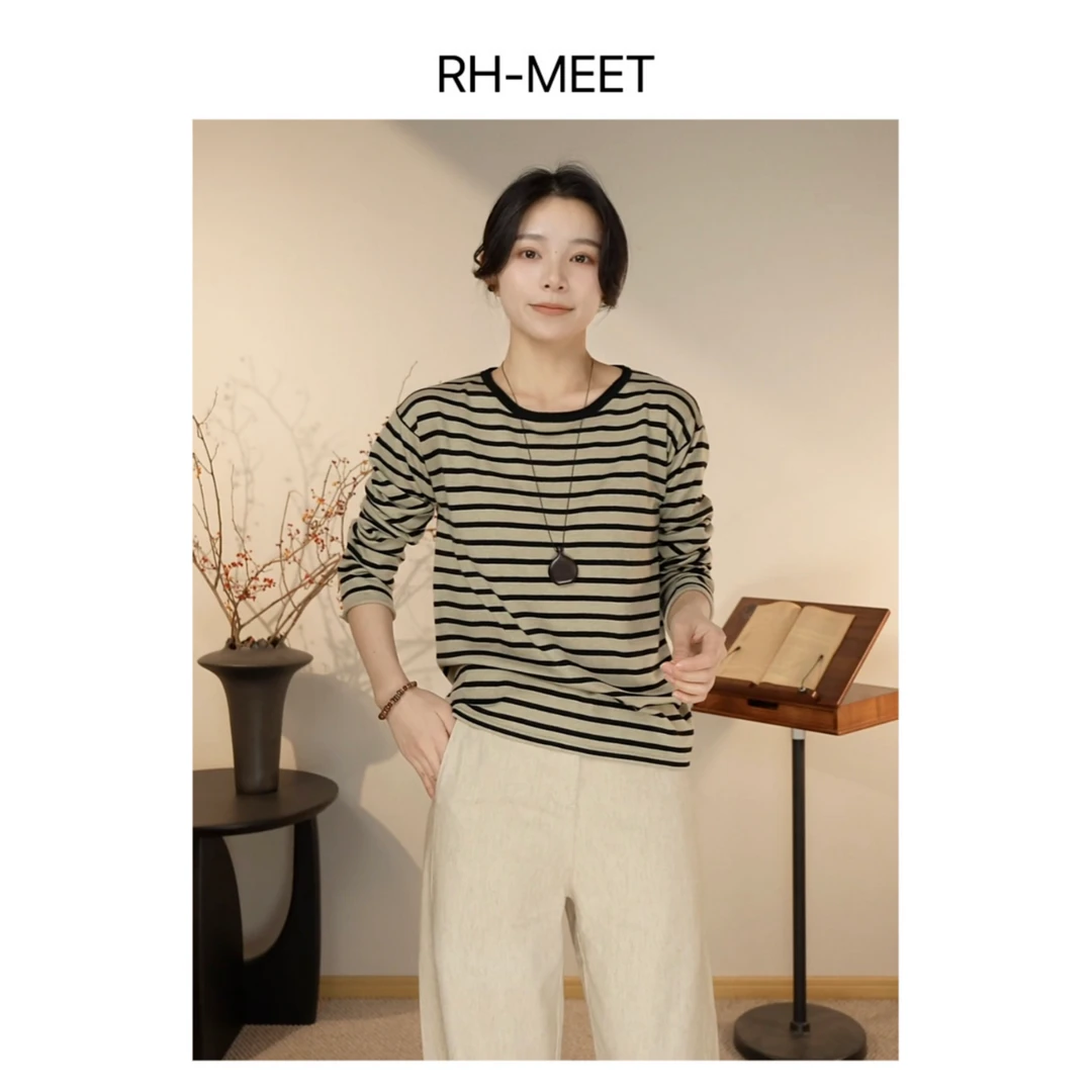 RH-MEET 毛衫T恤-小众宽松圆领条纹撞色长袖T恤