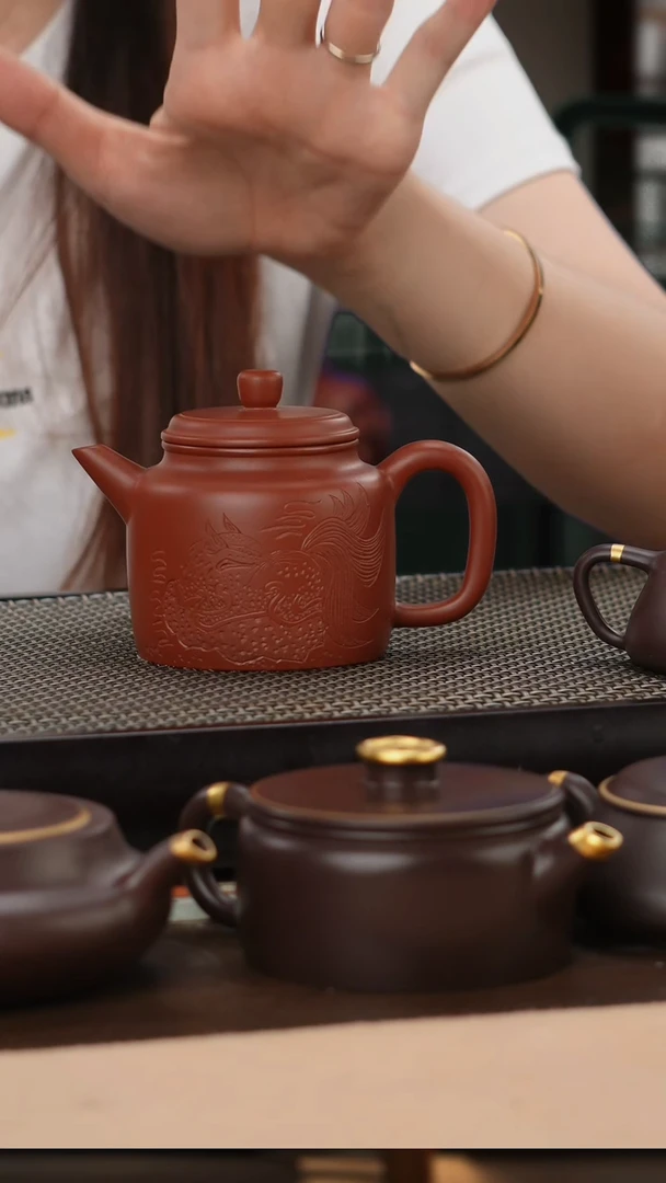 茶壶紫砂朱泥精工刻绘剑流高德钟160cc