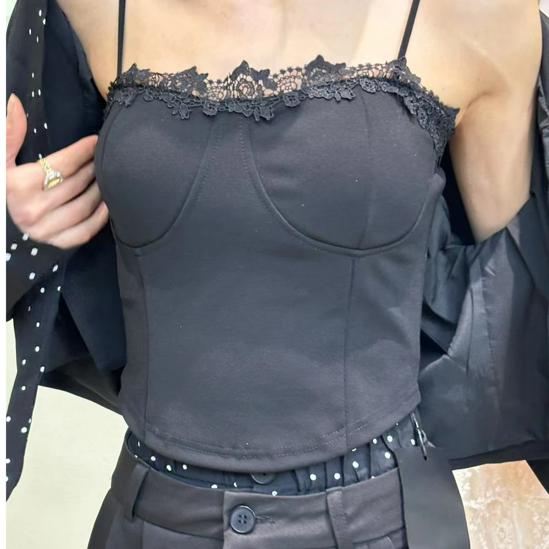 [春歌]高级感蕾丝边高定美背纯色设计款短款百搭打底性感修身显瘦