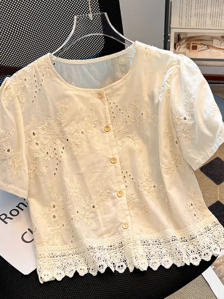 纯棉镂空设计感夏季显瘦重工刺绣衬衫法式短款嘻哈风刺绣衬衫