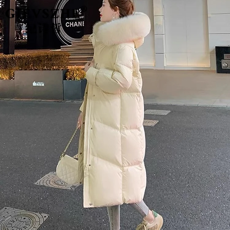 纪诗哲黑色大毛领羽绒服女中长款2025年新款冬季时尚加厚白鸭绒外