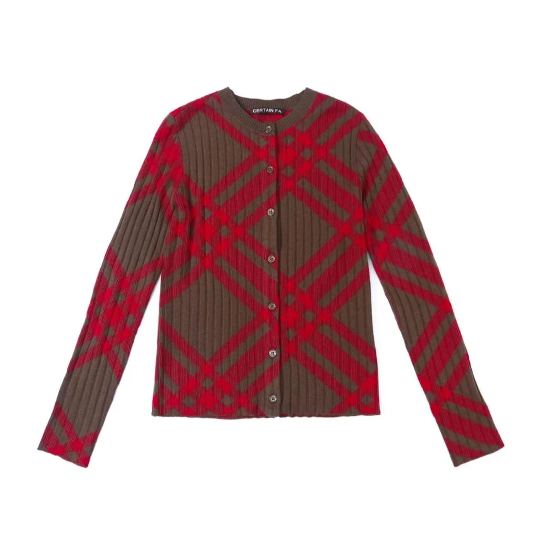 0029红棕格纹针织上衣长袖网红轻奢时尚百搭条纹设计师秋冬