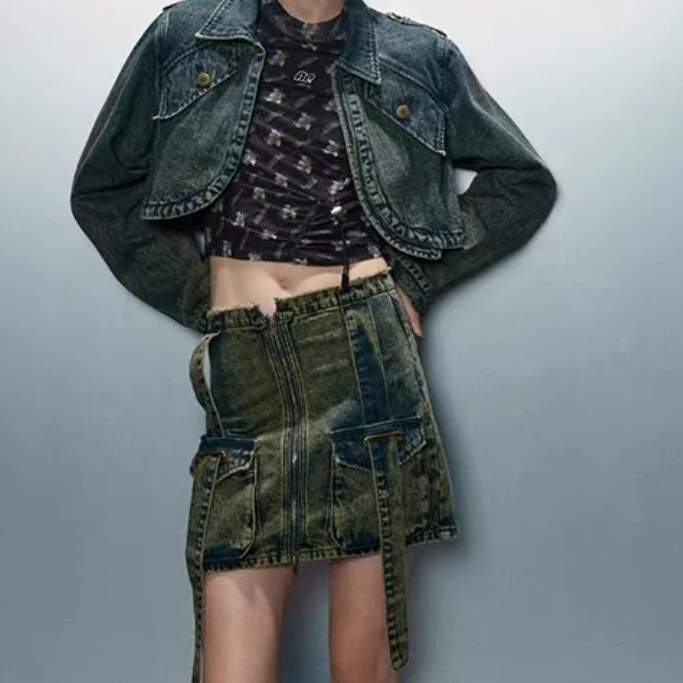 APL-竹青色牛仔半裙1E0339