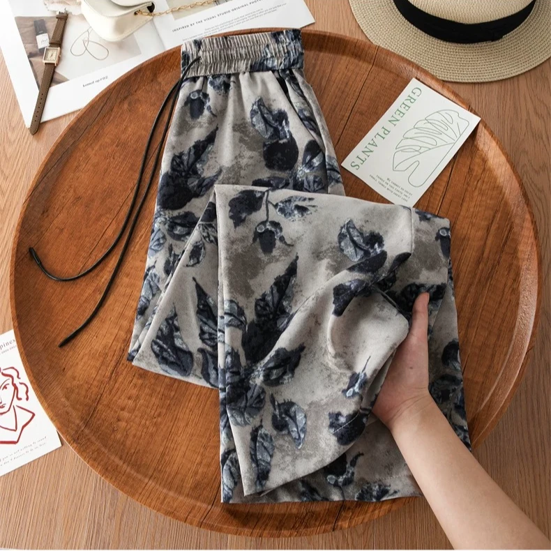 墨影灰雪纺冰丝复古印花夏季阔腿女裤2025夏季新款高腰直凉凉长裤