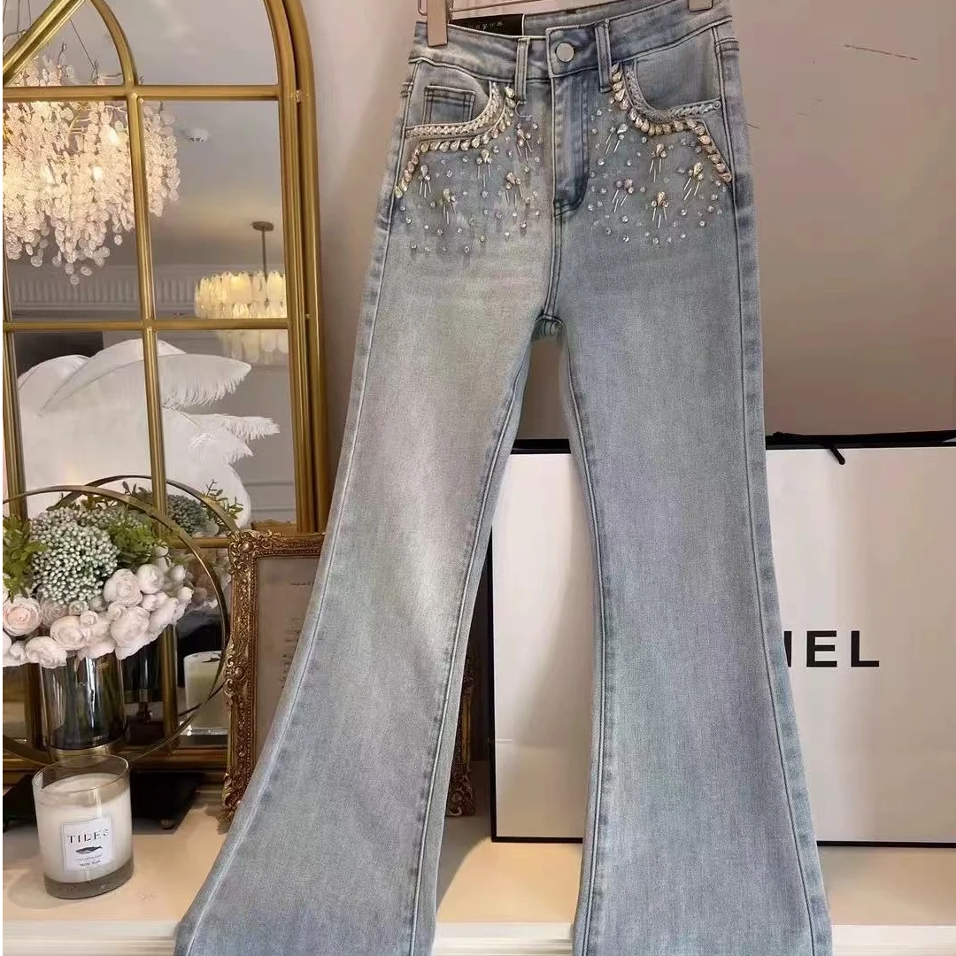欧货钉珠镶钻牛仔裤女拖地长裤2025年新款时尚高腰修身显瘦微喇裤