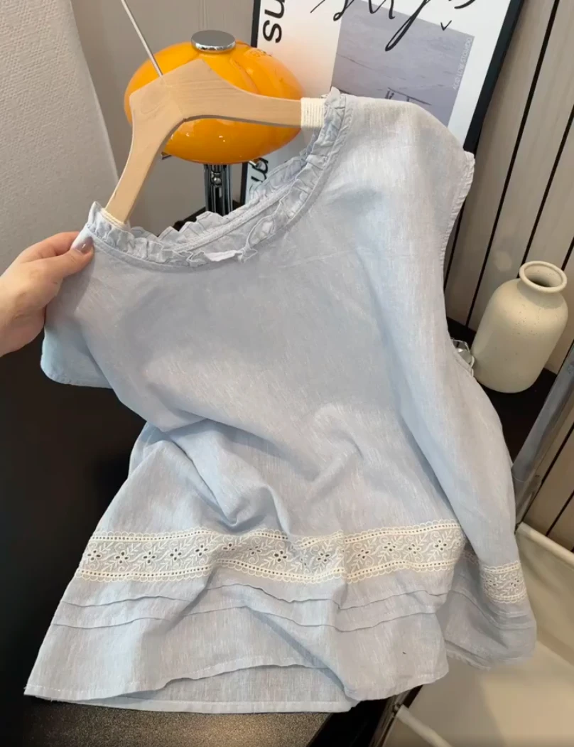 2025新款韩系休闲简约宽松蕾丝花边无袖背心女夏显瘦甜美百搭上衣